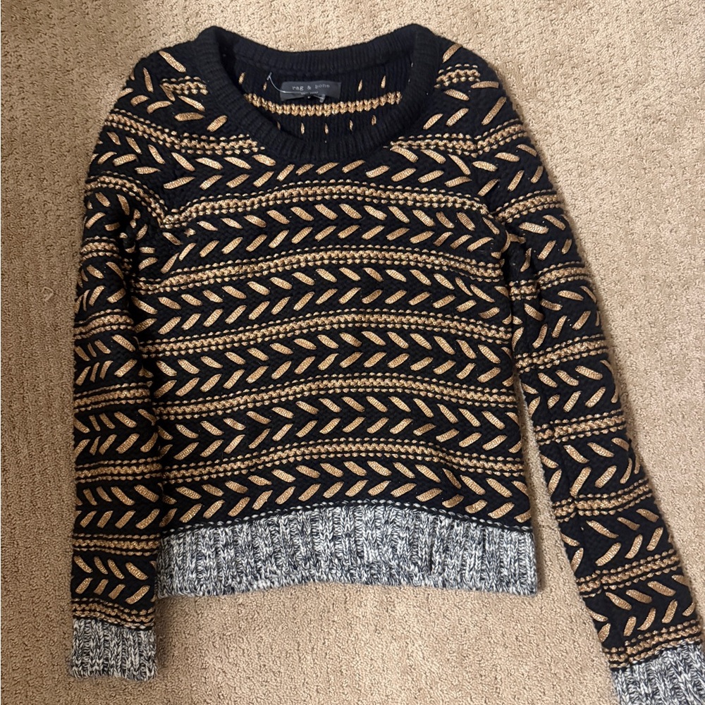 rag & bone Black and Tan Patterned Crewneck Sweater